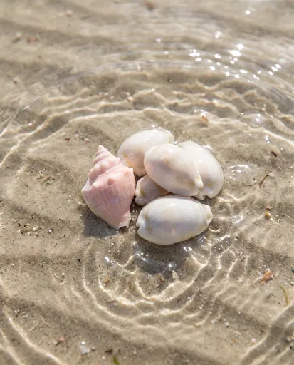 Pink Conch and Cowries in Shallow Tide