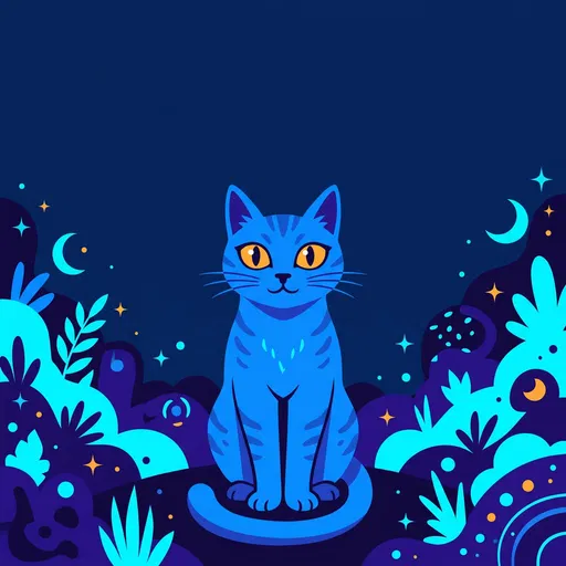 Whimsical Blue Cat Night Illustration