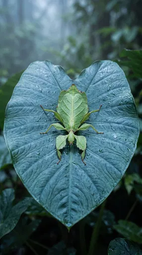 Green Leaf Insect on Wet Taro Leaf