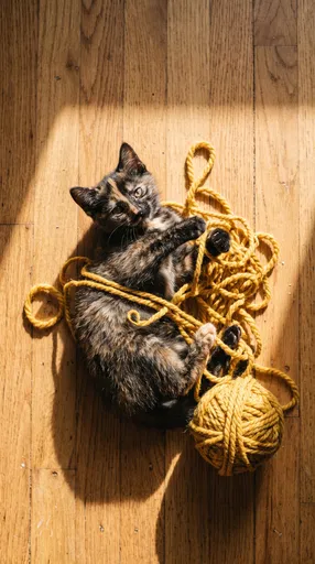 Tortoiseshell Kitten Tangled in Yellow Yarn