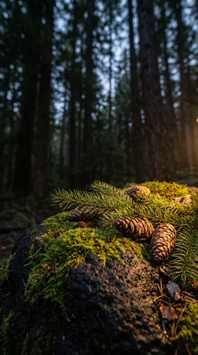 Pine Cones and Moss on Forest Rock