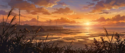 Anime Coastal Sunset Background Illustration