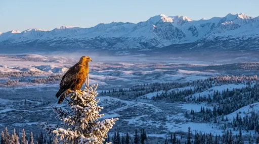 Golden Eagle Perched Over Snowy Mountain Valley