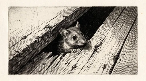 Vintage Etching of Mouse in Floorboards