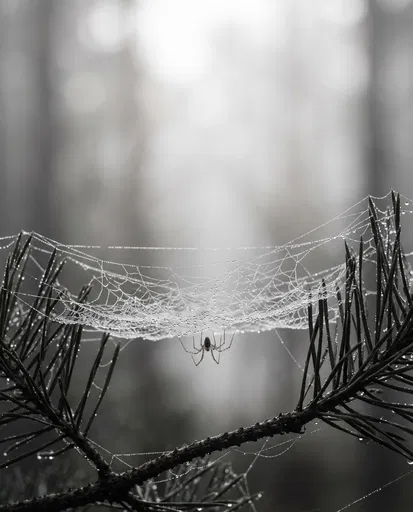 Spider Beneath Dewy Pine Web
