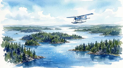 Watercolor Floatplane Over Northern Lake Islands