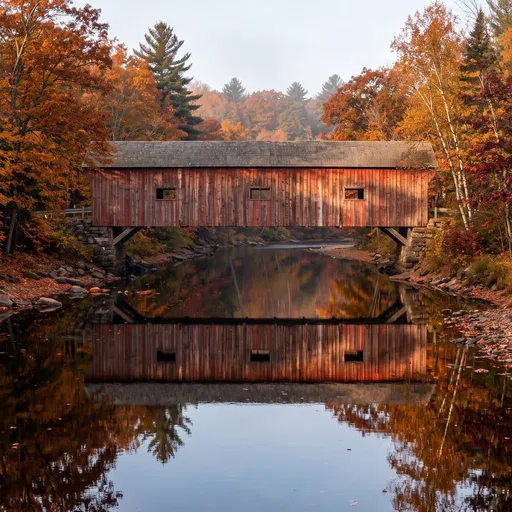 Red Covered Bridge in Autumn Reflection