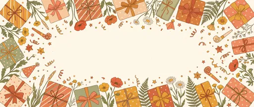 Warm Birthday Presents and Wildflowers Border Illustration
