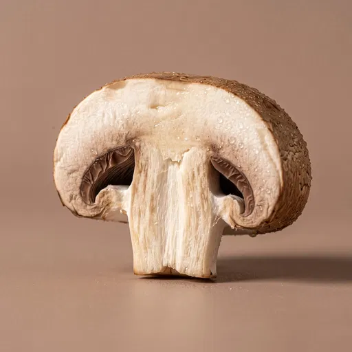 Halved Cremini Mushroom Macro on Taupe