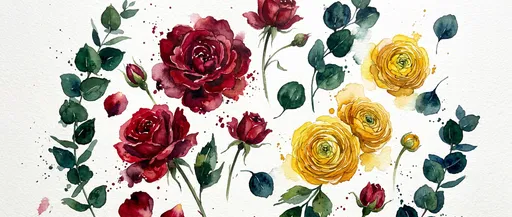 Watercolor Red Roses and Yellow Ranunculus