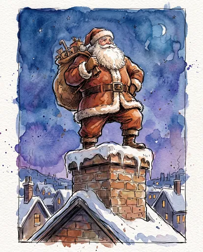 Watercolor Illustration of Santa on Chimney