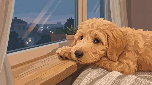 Cozy Goldendoodle Puppy on Windowsill Illustration