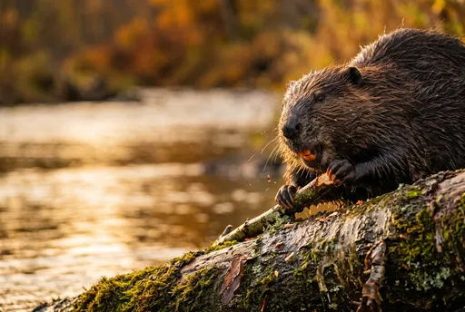 Wet Beaver on Mossy Log at Sunset
