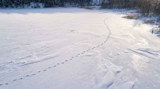 Animal Tracks Across Frozen Snowy Lake