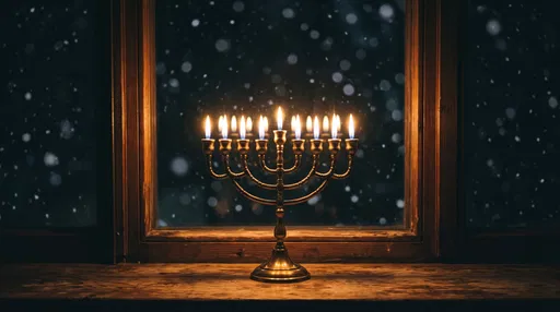 Glowing Brass Menorah on Snowy Windowsill