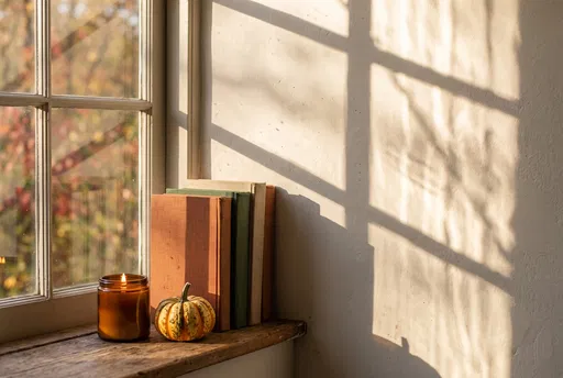 Cozy Autumn Windowsill With Candle and Books