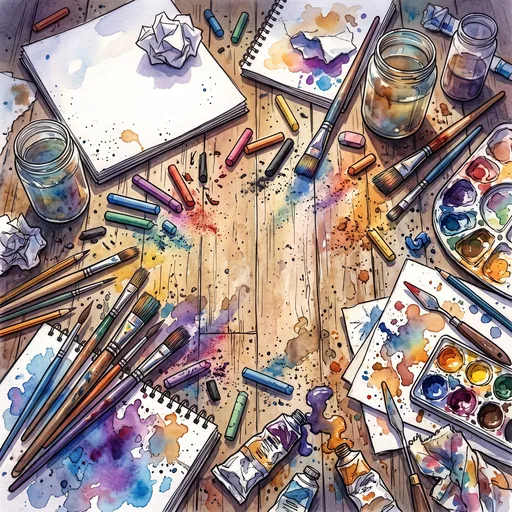 Watercolor Illustration of Messy Art Studio