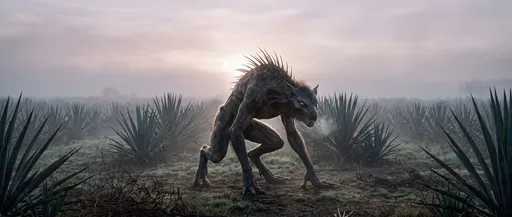 Chupacabra Crouching in Misty Agave Field
