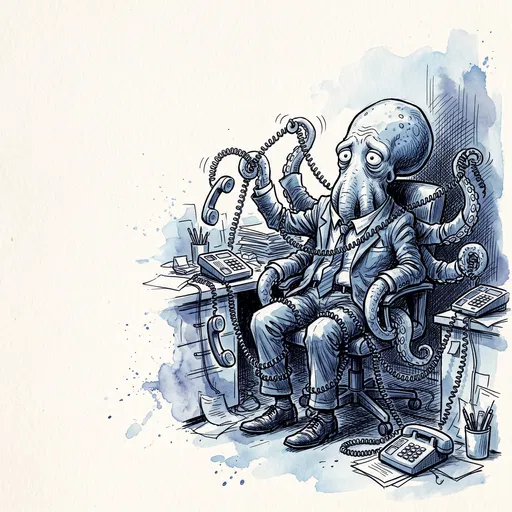 Overwhelmed Octopus Businessman Tangled in Cords
