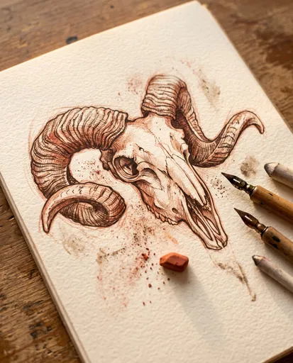 Sanguine and Sepia Ram Skull Sketch