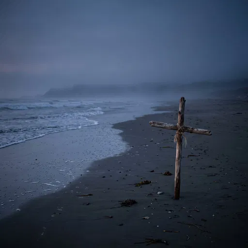 Driftwood Cross on Misty Blue Hour Beach