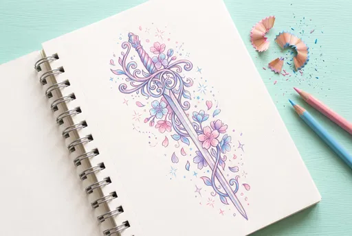 Pastel Floral Sword Drawing in Sketchbook
