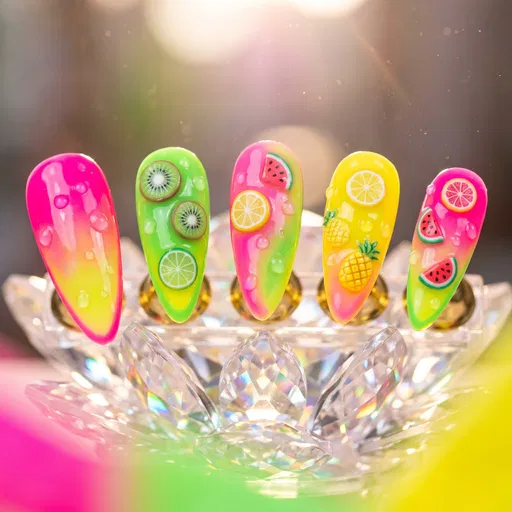 Vibrant Tropical Fruit Acrylic Nail Art