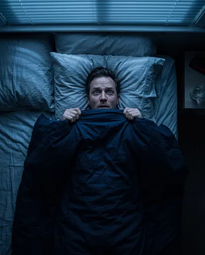 Scared Man Hiding Under Blanket in Bed