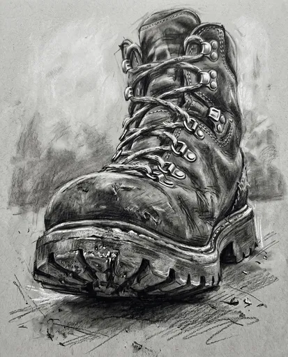 Charcoal Sketch of Rugged Mountaineering Boot