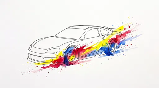 Line Art Sports Car With Watercolor Splashes