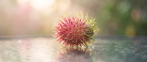 Dewy Rambutan on Reflective Glass Surface