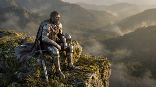 Weathered Medieval Knight Resting on Cliff