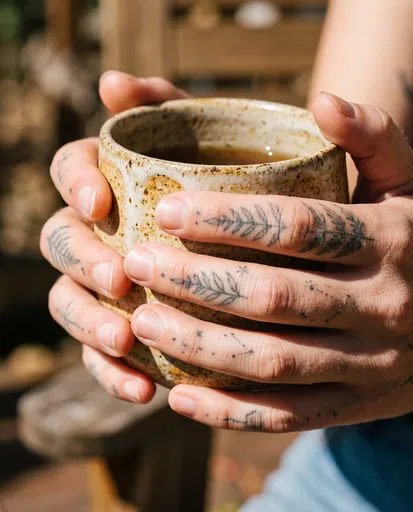 Tattooed Hands Holding Ceramic Mug in Sunlight