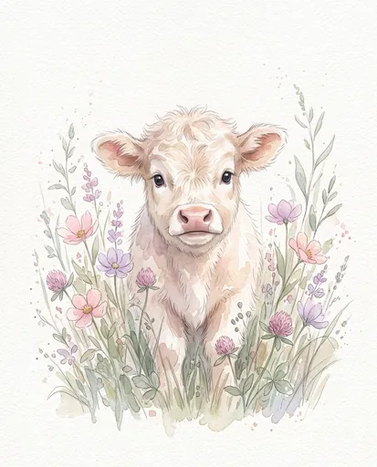 Watercolor Fluffy Calf in Pastel Wildflowers