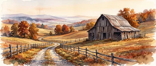 Watercolor Autumn Barn on Rolling Hills
