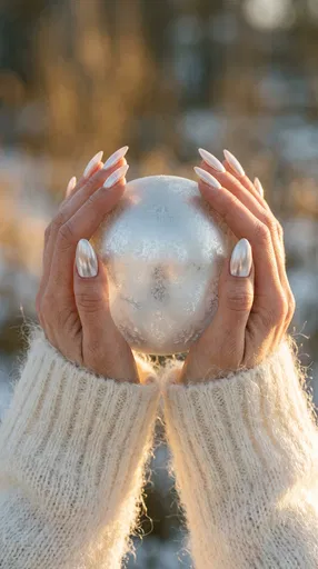Hands Holding Frosted Sphere With Chrome Nails