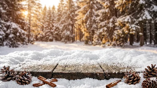 Snowy Wooden Table in Winter Forest