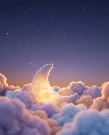 Glowing Plush Crescent Moon in Pastel Clouds