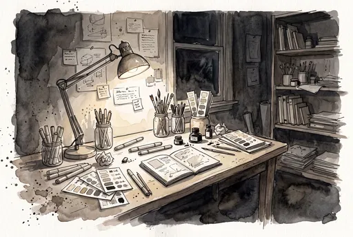 Watercolor Artist Studio Desk at Night