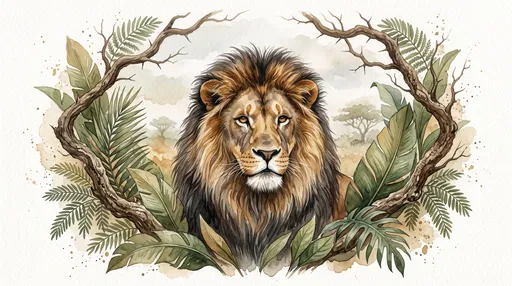 Watercolor Lion Framed by Foliage