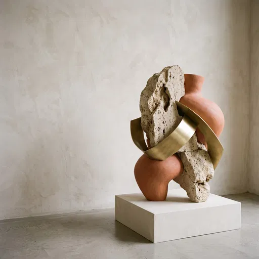 Abstract Travertine Terracotta and Brass Sculpture