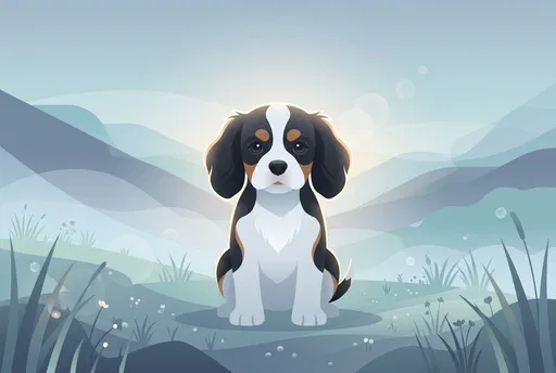 Tricolor Cavalier Puppy in Misty Meadow Illustration