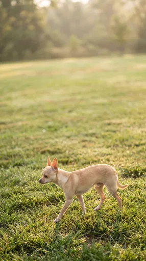 Fawn Chihuahua Walking on Dewy Grass