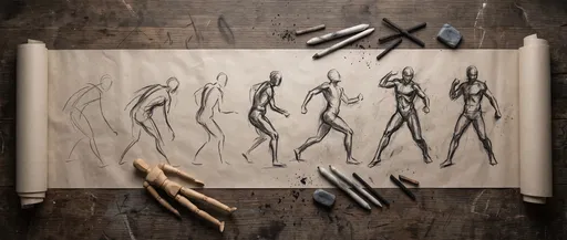 Progressive Charcoal Figure Sketches on Paper Roll