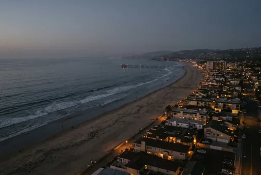 Twilight Aerial View of Coastal Beach Town