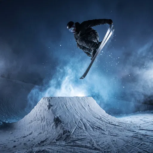Freestyle Skier Performing Aerial Grab at Night