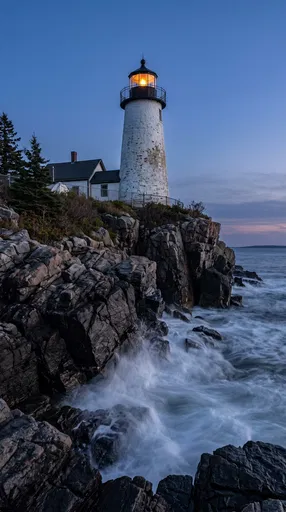 Coastal Lighthouse on Rocky Cliffs at Dusk