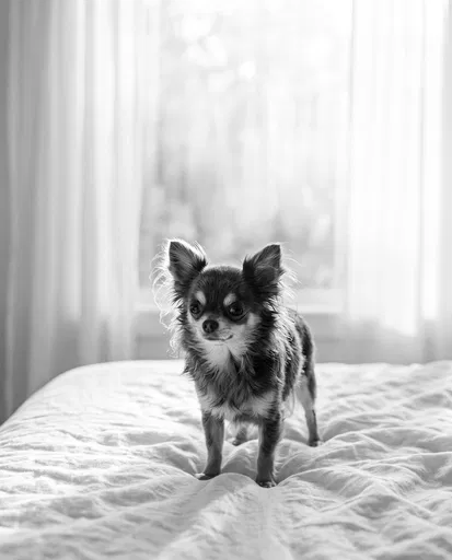 Backlit Monochrome Long-Haired Chihuahua on Bed
