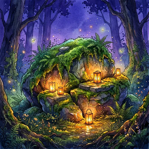 Mossy Forest Boulder with Glowing Lanterns