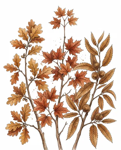 Watercolor Autumn Oak Maple and Chestnut Branches